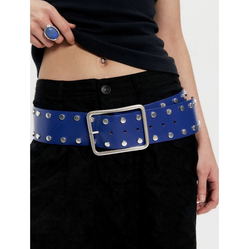 NWT $98 Free People Navy Baby & Silver Studded Hex Hip Belt Size Y2K M